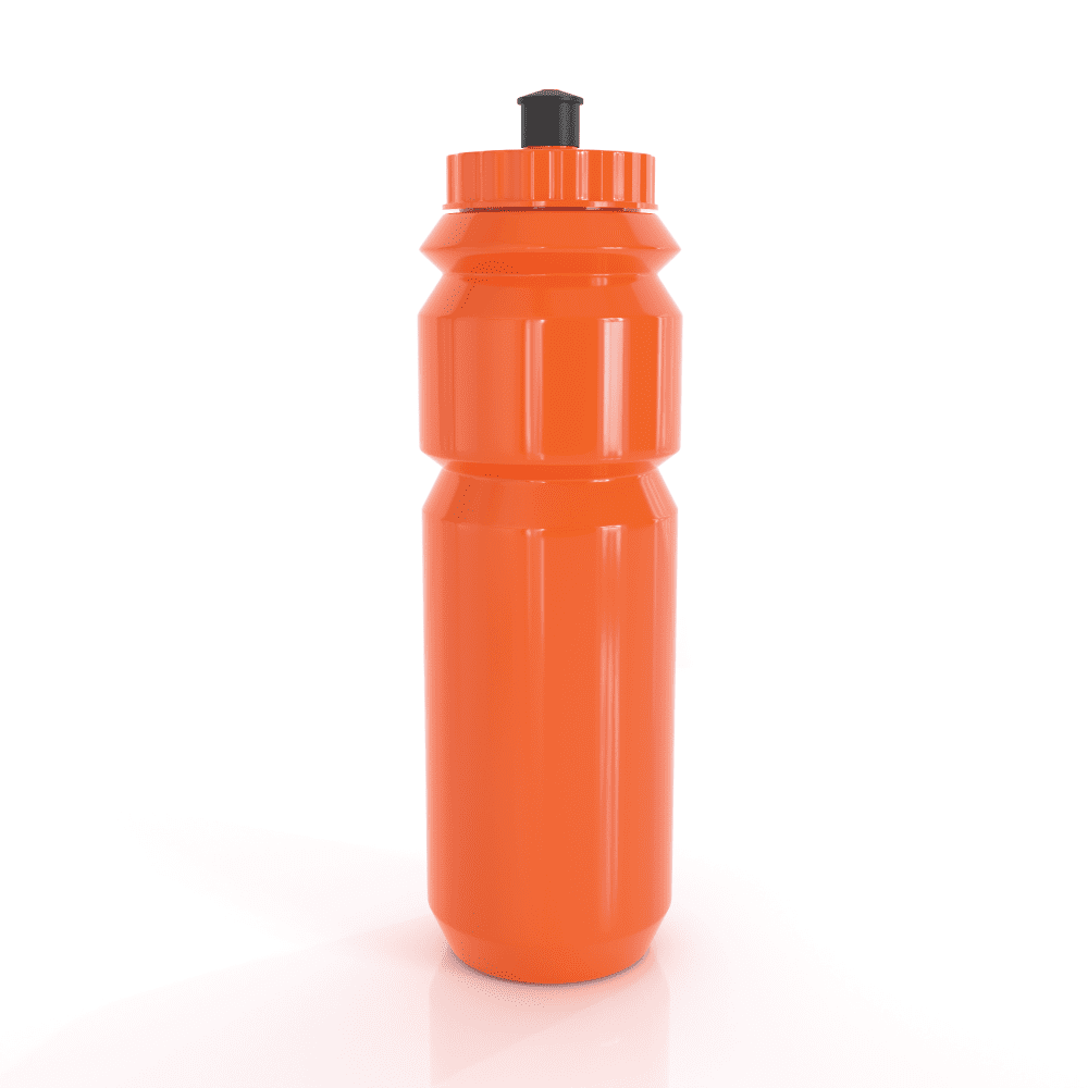 An orange drink bottle with a black cap, featuring a sleek design and a logo on the side.