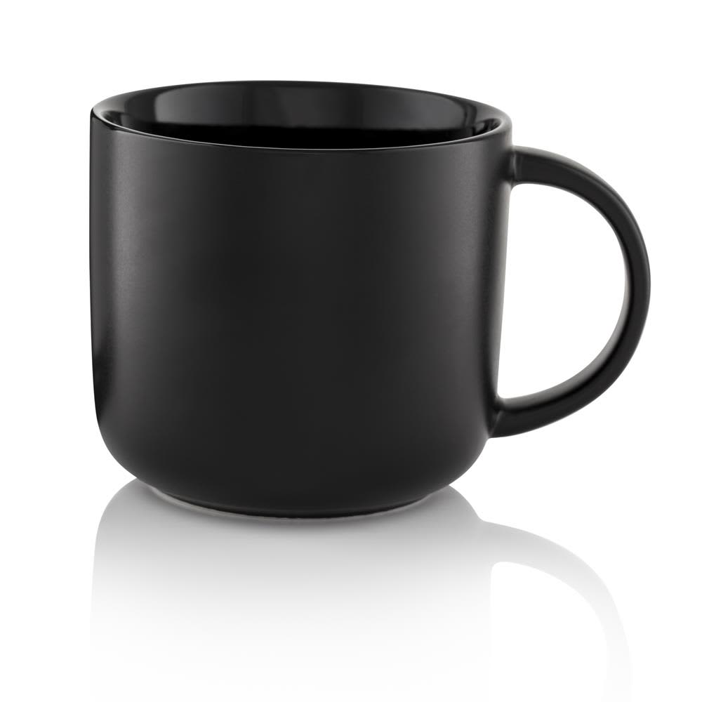 A black ceramic coffee mug with a rounded design and a comfortable handle, featuring a glossy finish.