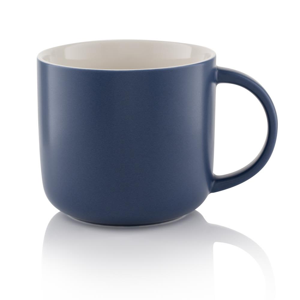 A blue ceramic coffee mug with a smooth finish and a rounded handle. It has a contrasting lighter interior.