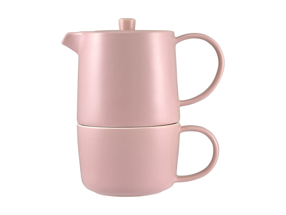 A stacked pink tea pot and cup set in a smooth finish, presented in a gift box. Suitable for tea lovers.