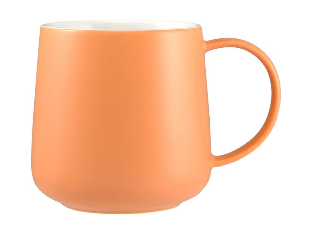 A coffee mug in a soft orange hue with a smooth, rounded shape and a single handle, featuring a logo.
