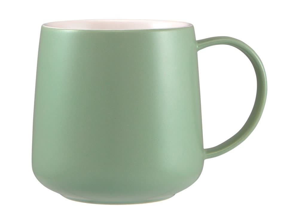 A green ceramic coffee mug with a smooth matte finish and a comfortable handle. Features a logo on the side.