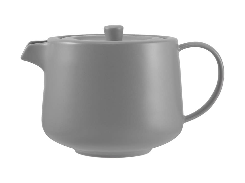 A grey teapot with a lid and handle, featuring a smooth finish. It comes with an infuser and is gift boxed.
