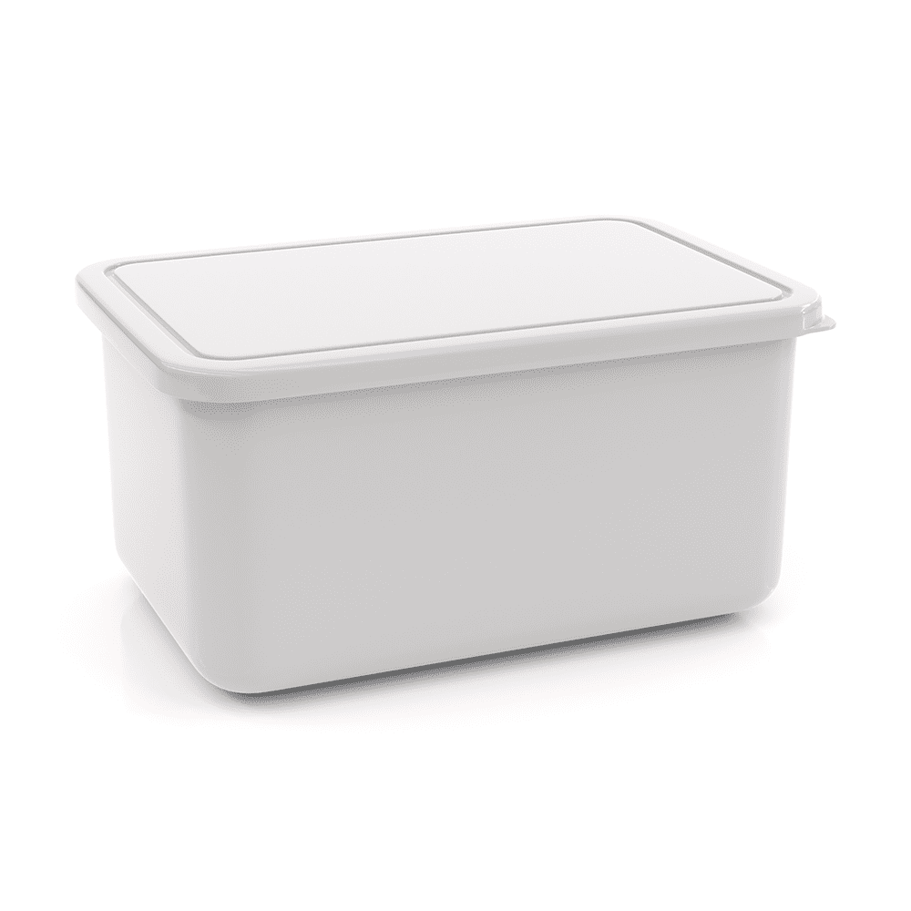 A large white lunch box with a flat lid, featuring a smooth, shiny finish and a simple design.