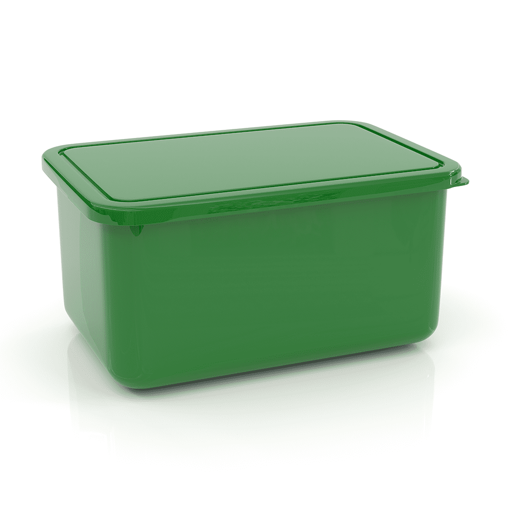 A large green lunch box with a smooth, glossy finish and a matching lid. It features a simple design with no visible branding.