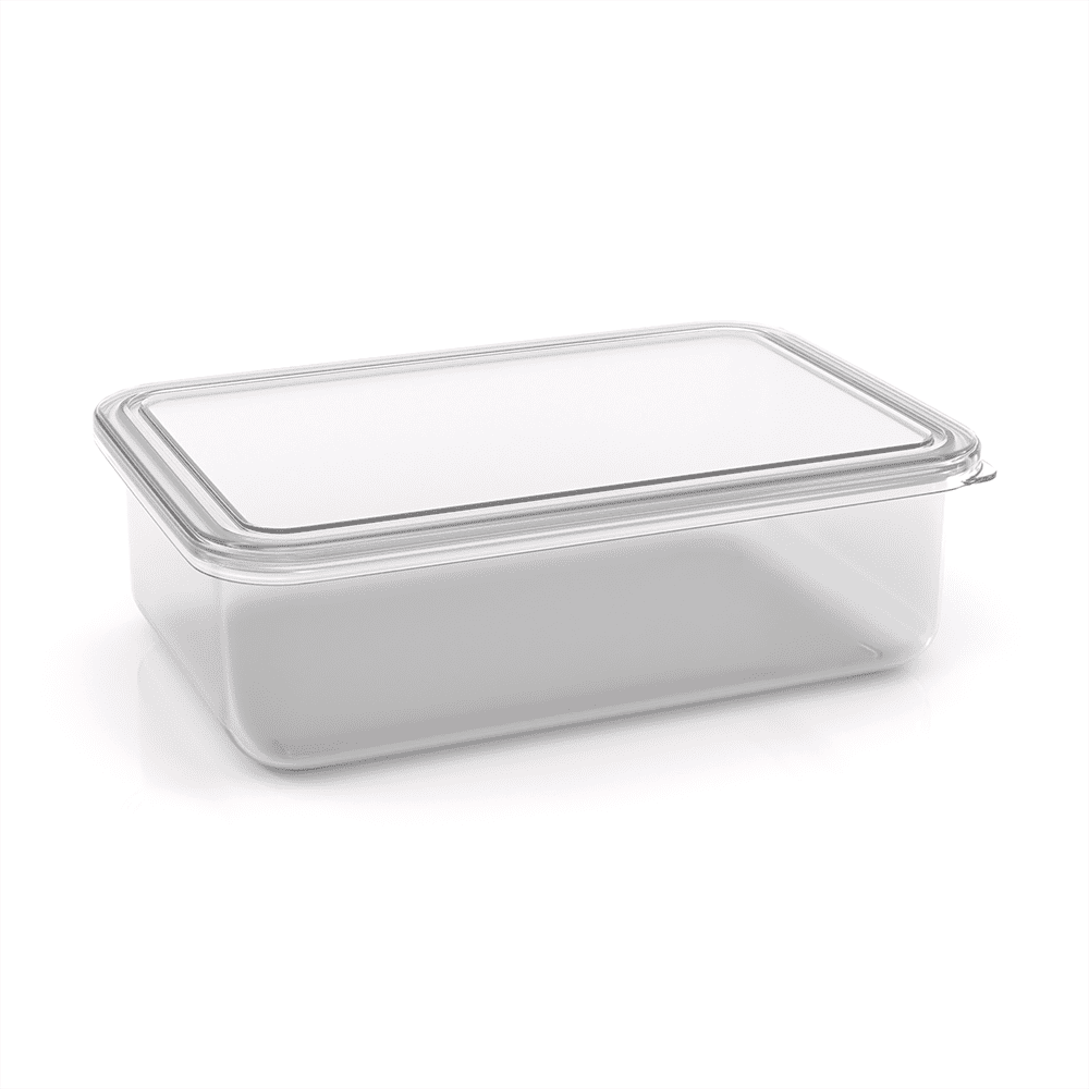 A clear, rectangular lunch box with a transparent lid, featuring a simple design and smooth edges.