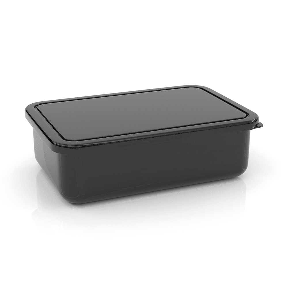 A small black lunch box with a rectangular shape and a matching lid, featuring a simple design and a logo.
