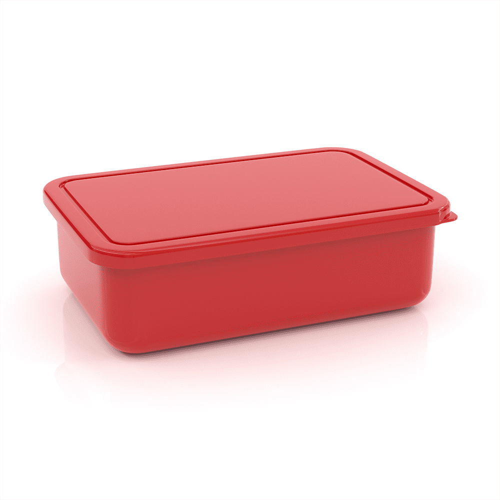 A red lunch box with a sealed lid, featuring a smooth surface and rectangular shape.