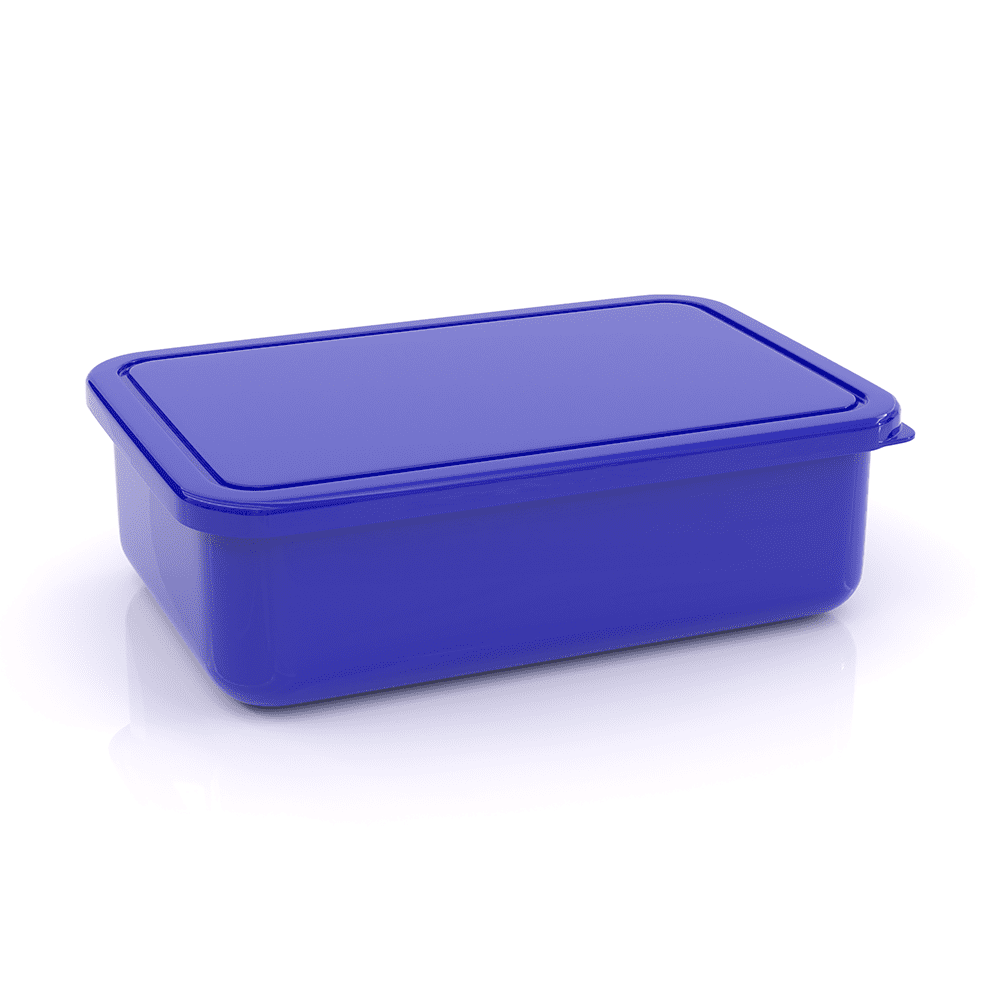 A small rectangular lunch box in vibrant blue with a fitted lid, featuring a simple design and smooth surface.