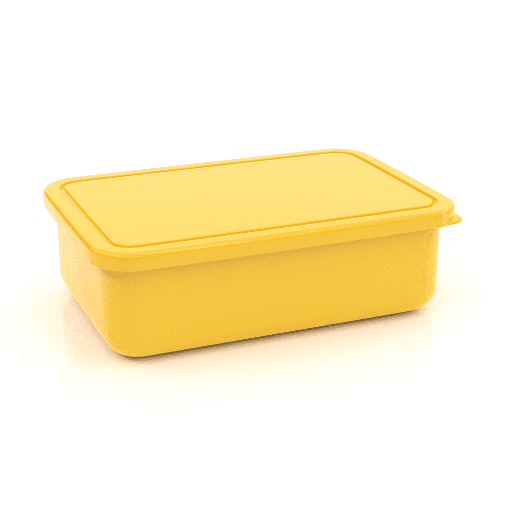 A yellow lunch box with a lid, featuring a textured surface and a simple rectangular design.