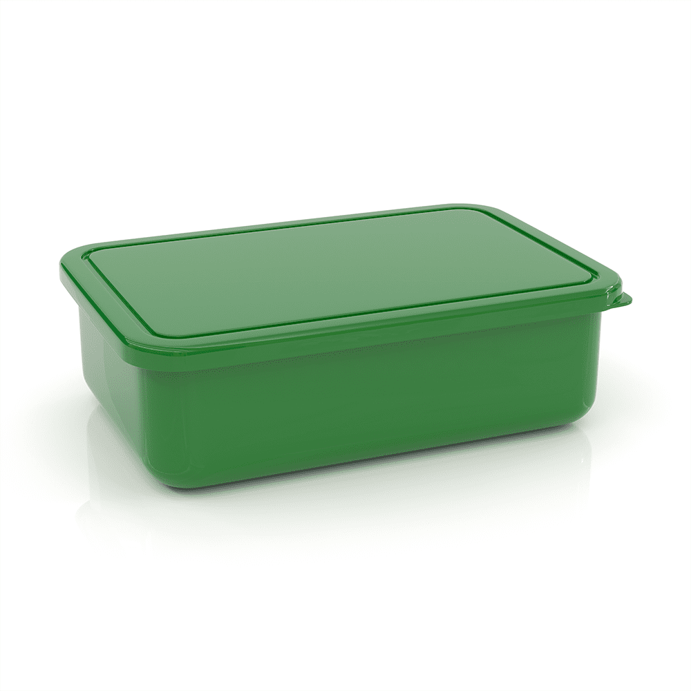A small green lunch box with a flat lid, featuring a shiny finish and a branding logo.