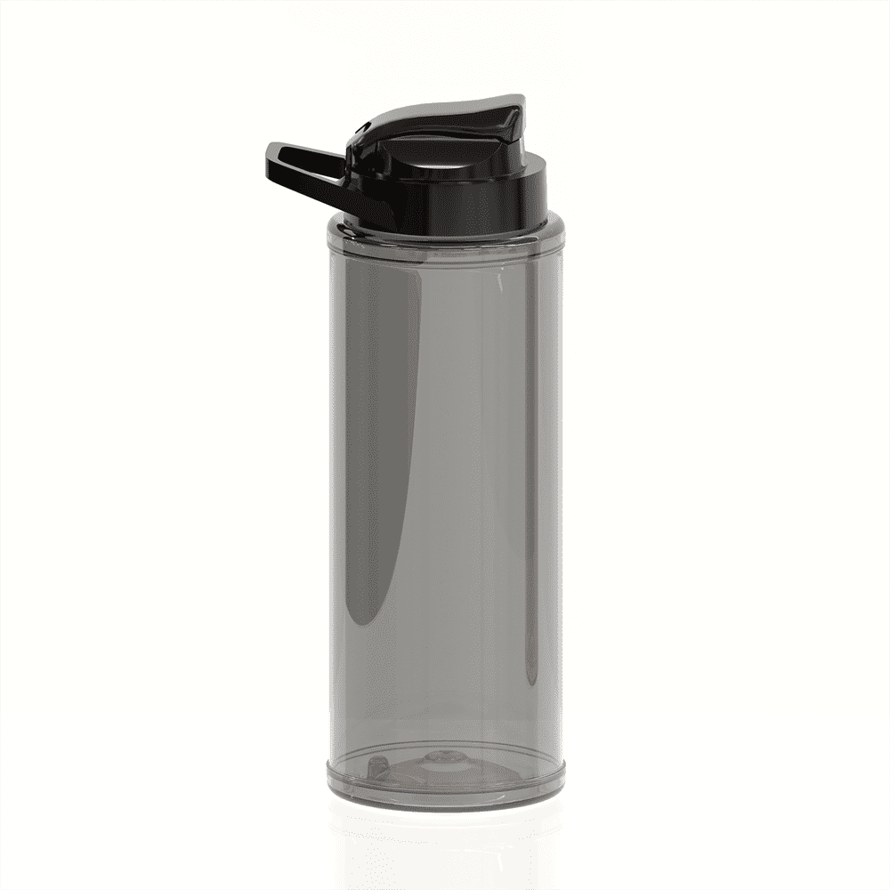 A drink bottle in a smoky grey colour with a black flip-top lid and a logo on the side.