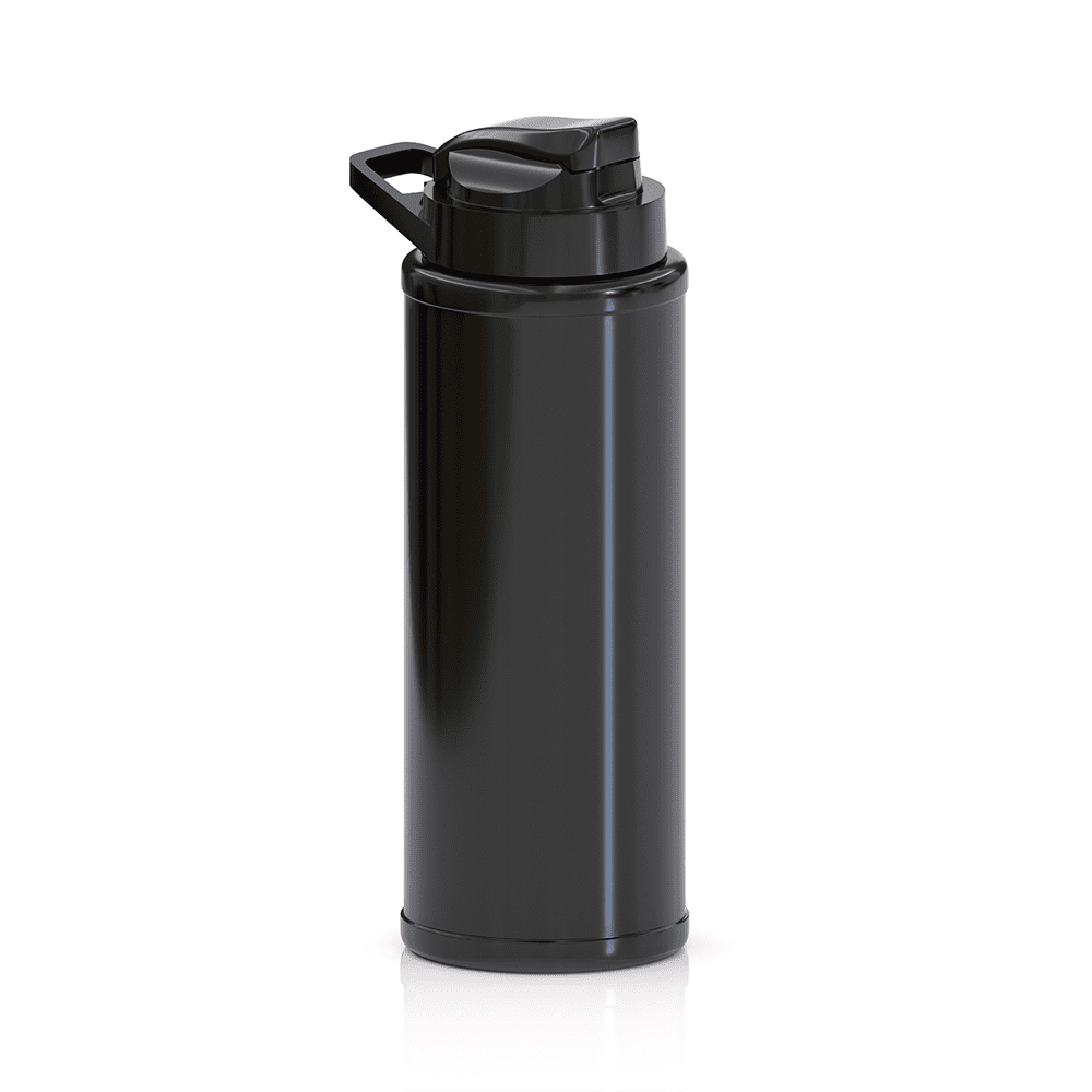 A drink bottle in matte black with a lid and a handle, featuring a sleek design and a branding logo.