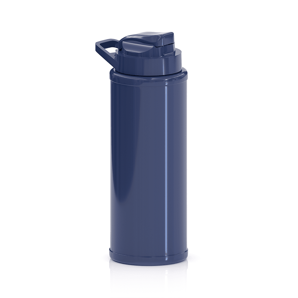 A drink bottle in navy blue with a flip-top lid and a handle, featuring a logo.