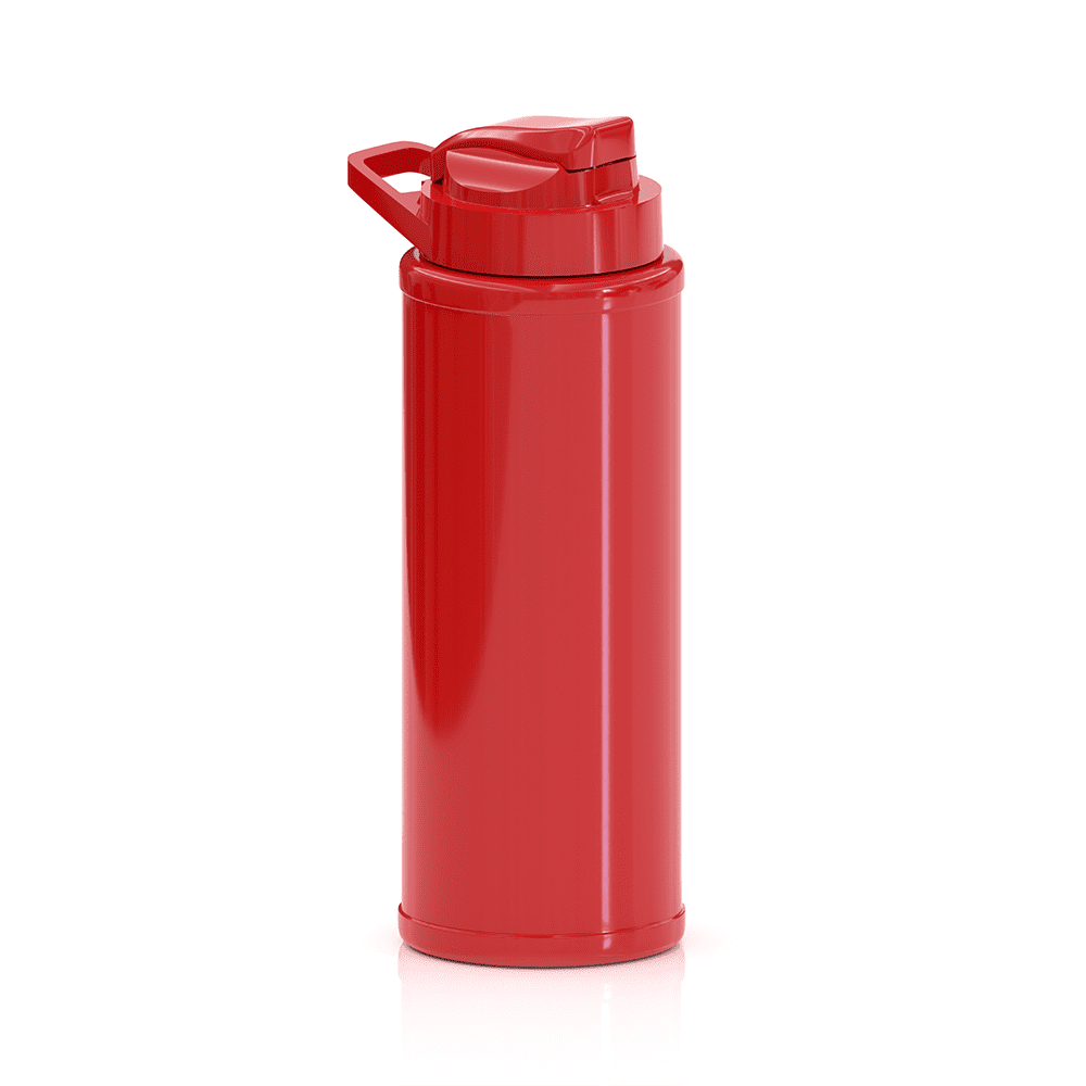 A drink bottle in bright red, featuring a sleek design and a lid with a spout. It has a logo on the side.