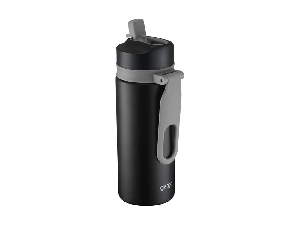 A drink bottle with a double wall design, featuring a black body, grey lid, and a handle. It has a logo.