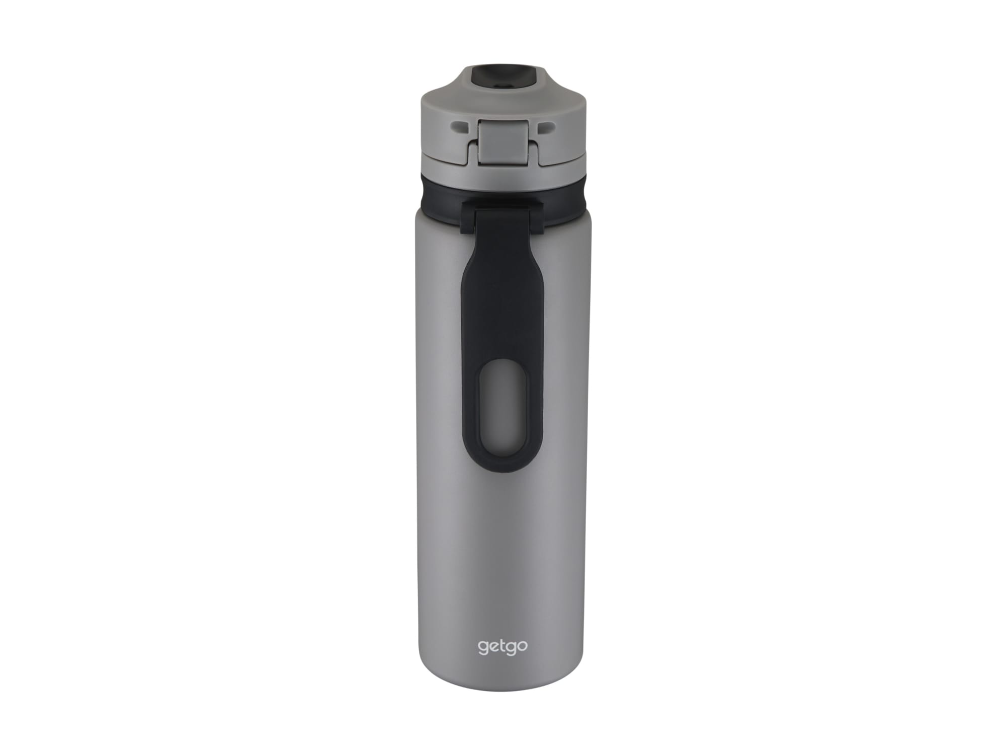 A drink bottle in grey with a black lid, featuring a logo and a double wall for insulation.