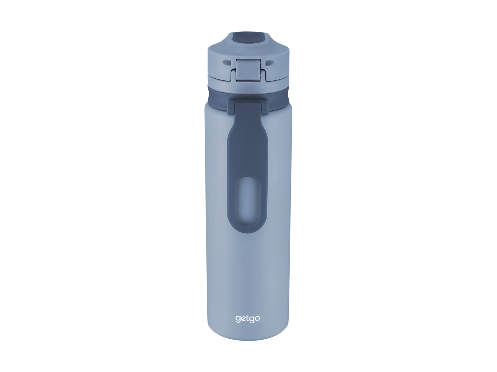 A drink bottle in light blue, featuring a double-wall design and a grey lid, with a logo on the front.