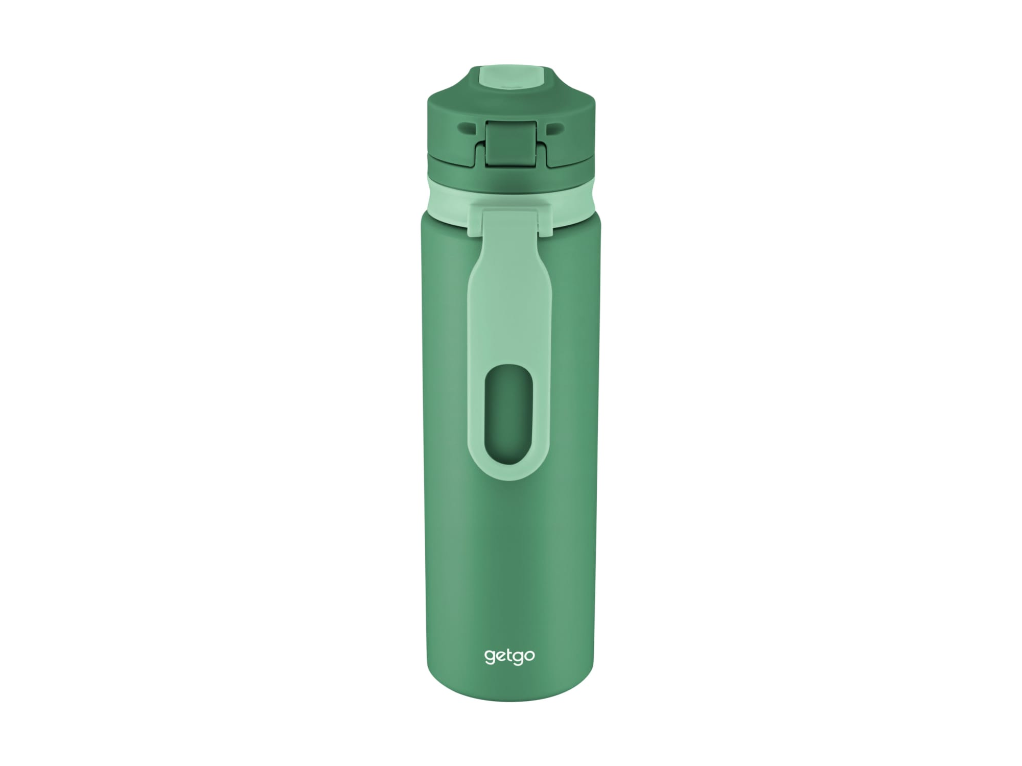 A drink bottle with a double wall design, featuring a green exterior and a matching green lid, with a logo.