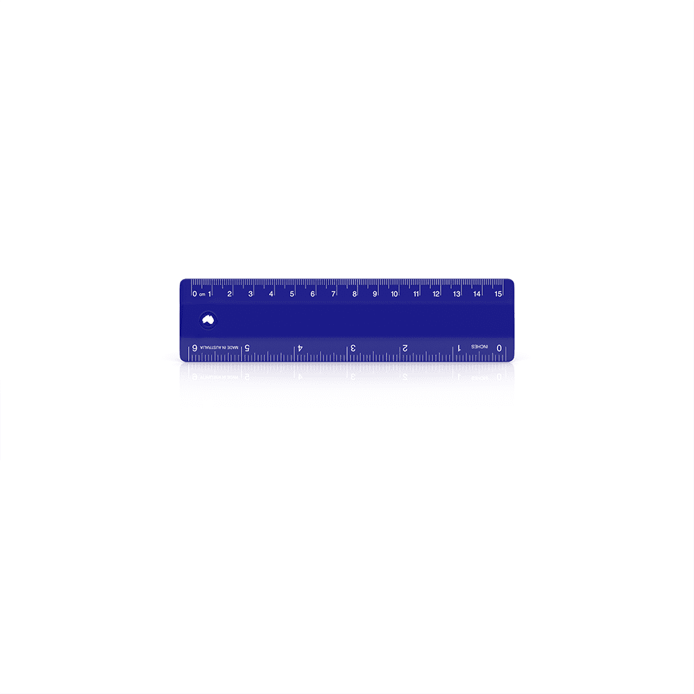 A 15cm blue ruler with clear measurement markings and a logo.