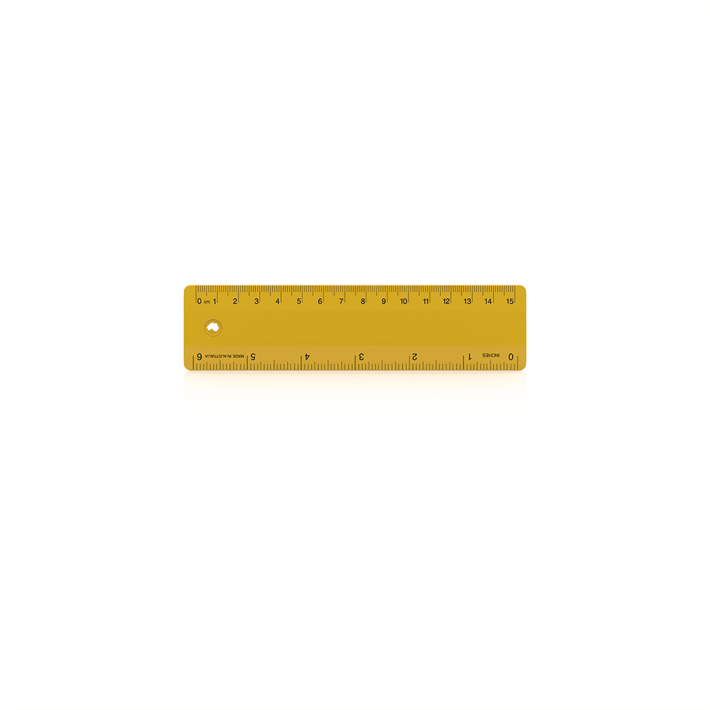 A yellow 15cm ruler with measurements marked in both centimetres and inches, featuring a hole for hanging.