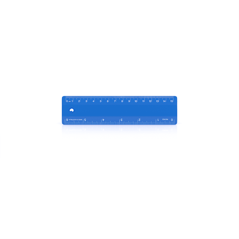 A blue 15cm ruler with measurement markings in centimetres and inches. It features a logo on one side.