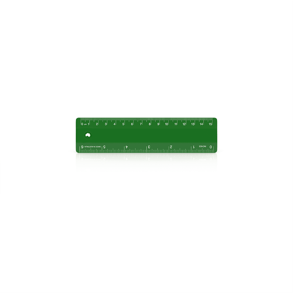 A green 15cm plastic ruler with clear measurements marked along its edge. It has a logo on one end.