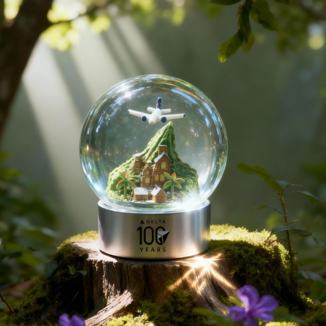 A custom snow globe featuring a mountain scene, an airplane, and a silver base, set on a tree stump.