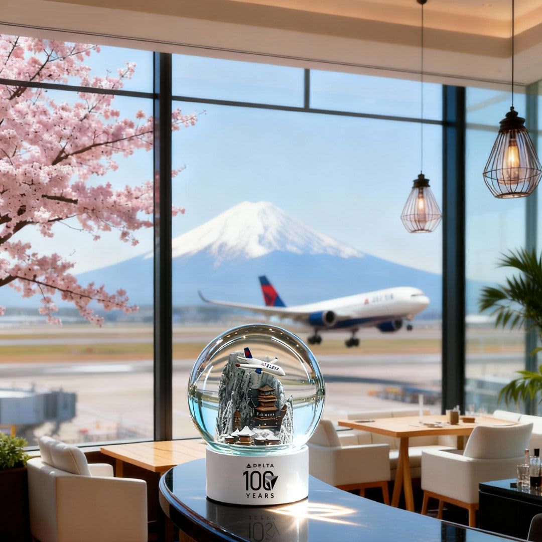A custom 120mm snow globe featuring a scenic design with cherry blossoms and Mount Fuji in the background.