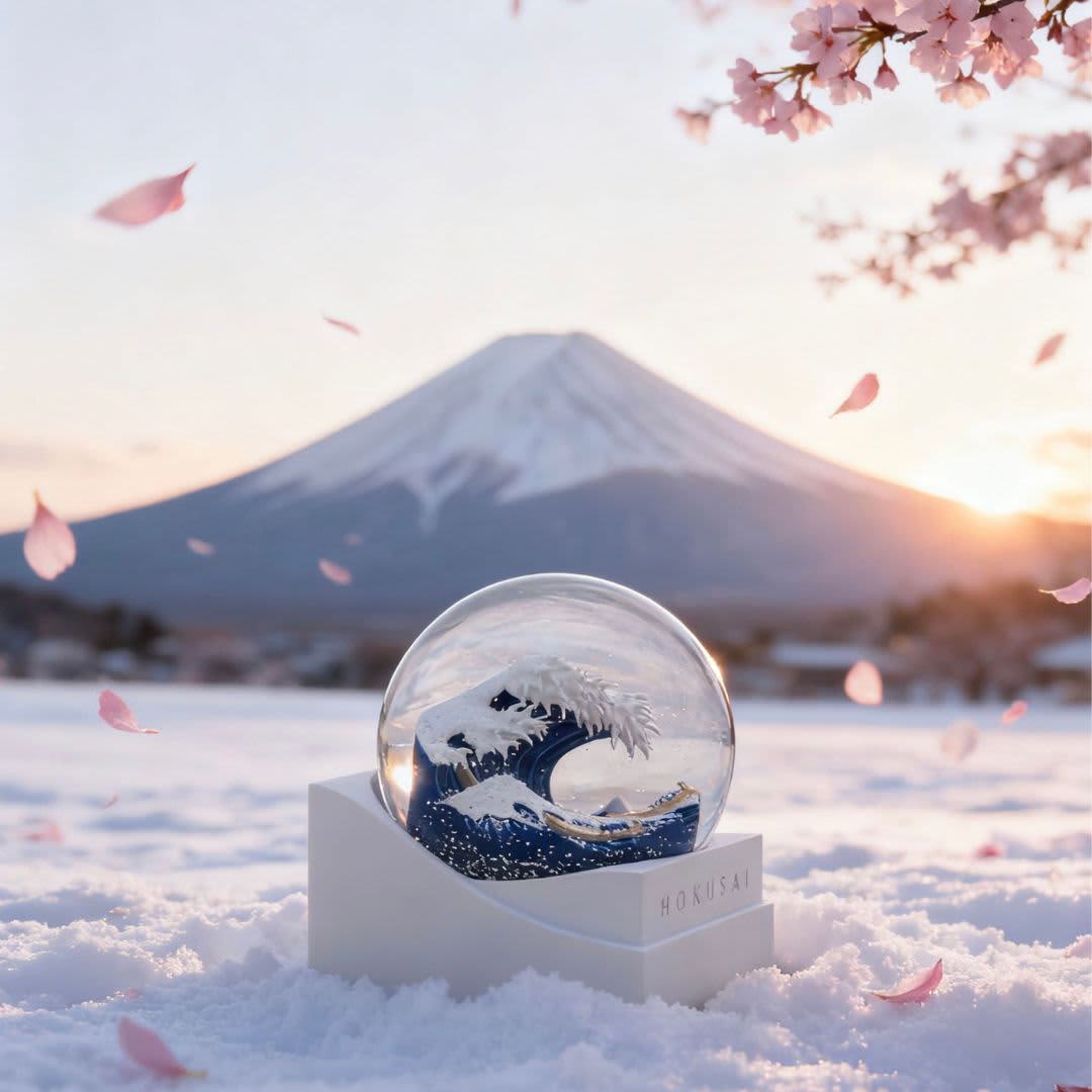 A custom snow globe featuring a wave design, set against a snowy landscape with Mount Fuji and cherry blossoms.