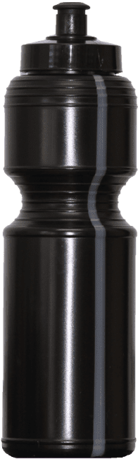A drink bottle in black, featuring a curved design and a push-pull cap. Includes a branding logo. Capacity of 800ml.