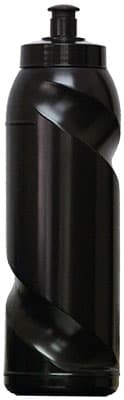 A drink bottle in black with a twisted design, featuring a removable cap and spout. It has a logo on the side.