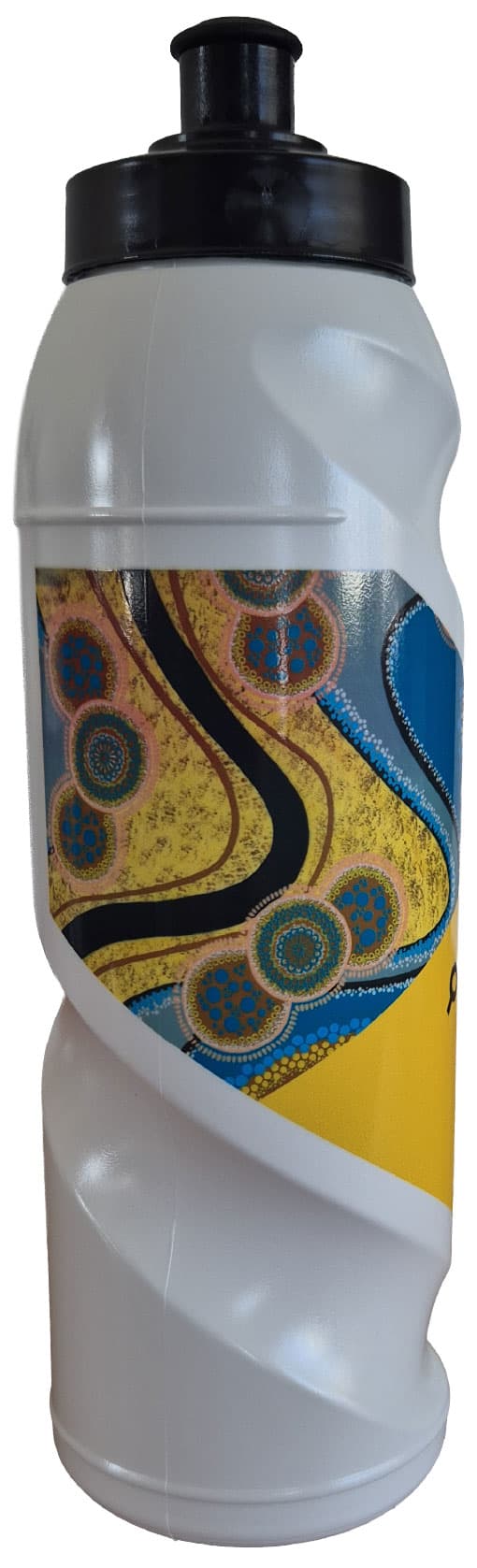 A drink bottle in white with a vibrant abstract design featuring yellow, blue, and black elements, and a black lid.