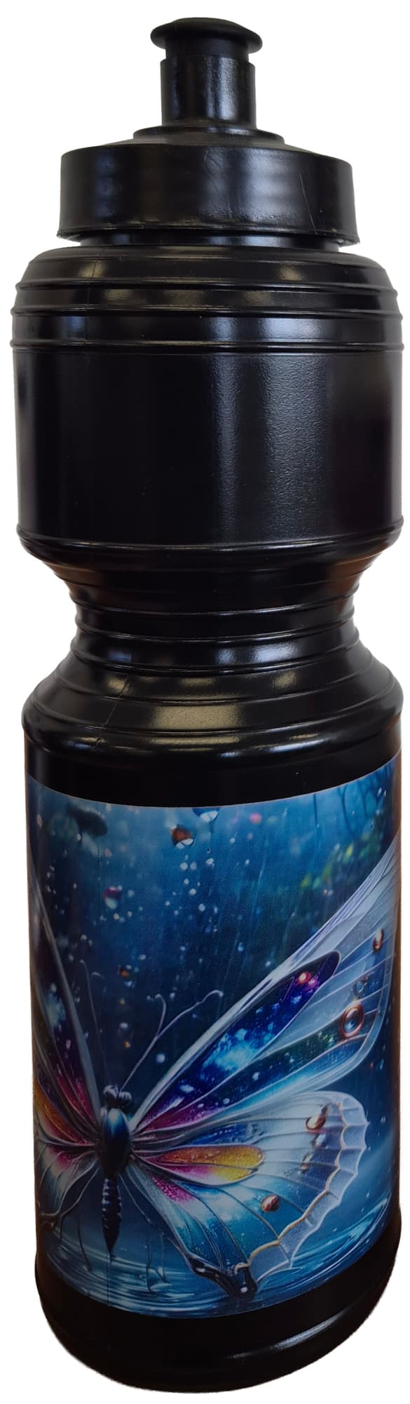 A drink bottle featuring a black design with a vibrant butterfly graphic and a logo.