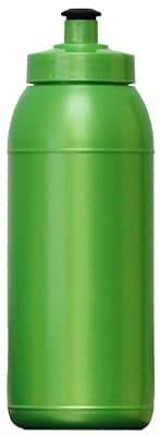 A drink bottle in bright green, featuring a screw-top lid and an attached spout, with a logo on the side.