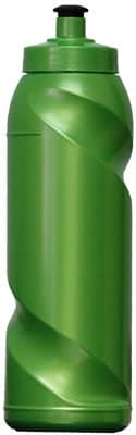 A drink bottle in a vibrant green colour with a twisted design and a black cap. It features a logo.