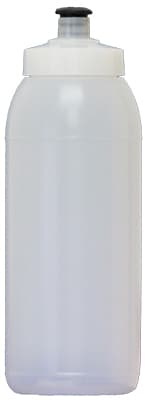 A drink bottle with a translucent design, featuring a screw-on white lid and a black nozzle. Holds 600ml.
