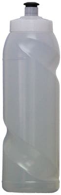 A drink bottle in translucent white with a twist design and a black cap. Features a logo on the side.