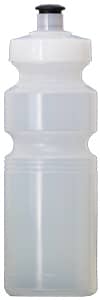 A drink bottle in clear plastic with a black cap, featuring an ergonomic design for easy grip.