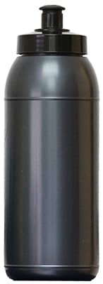 A drink bottle in a sleek black colour with a black cap and a logo on the side. Capacity is 600ml.