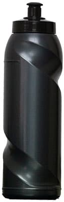 A drink bottle in black with a twisted design and a black cap. It features a logo on the side.