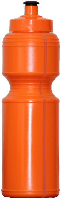 An orange drink bottle with a textured grip and a black screw-on lid, holding 800ml. It features a brand logo.