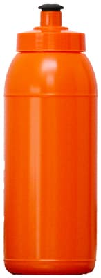 An orange drink bottle with a black cap, featuring a simple design and a logo. Holds 600ml.