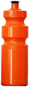 A drink bottle in bright orange, featuring a tapered design and a black push-pull cap, with a logo.