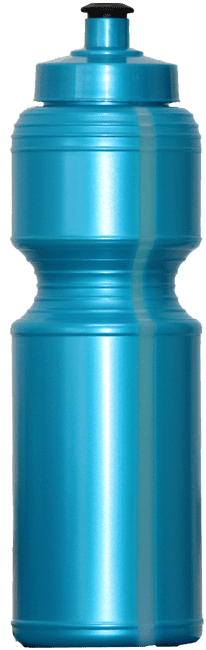 A drink bottle in a vibrant teal colour, designed with a textured grip and a black cap. It has a logo branded on it.