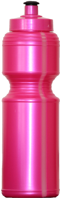 A drink bottle in a shiny pink finish, featuring a textured grip and a standard cap, with a branding logo.