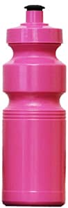A drink bottle in vibrant pink, featuring a textured grip and a black flip-top lid. It has a logo on the side.