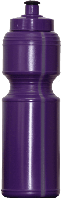 A drink bottle in deep purple, featuring a screw-top lid and a textured grip section. It includes a logo.