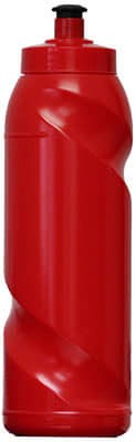 A drink bottle in bright red with a twisted design and a black cap, featuring a logo. Holds 800ml.