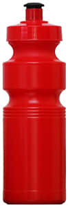 A drink bottle in bright red with an ergonomic shape and a black screw-on lid. It has a logo on the side.